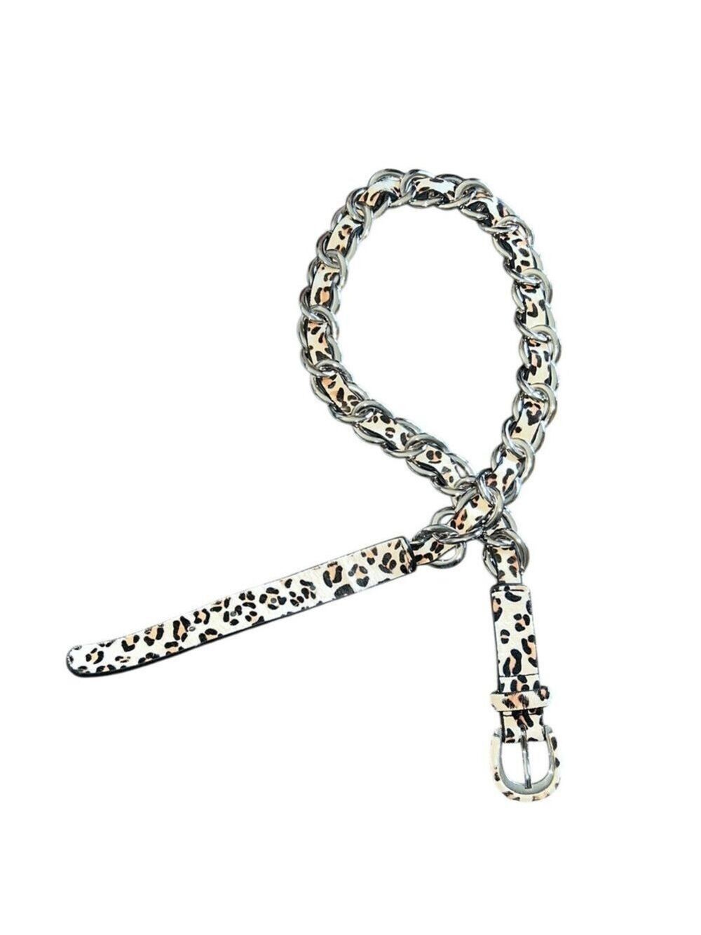 WCM NY Belt Silver Tone Chain with Leopard Print Genuine Calfskin Leather Large